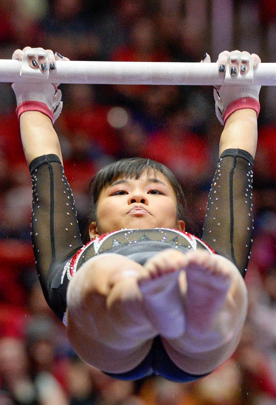 (Leah Hogsten  |  The Salt Lake Tribune) Kim Tessen on the bars as the University of Utah fifth-ranked gymnastics team hosts No. 12 University of Kentucky during its home opener, Jan. 3, 2020, at the Huntsman Center. Tessen scored a 9.90. Tessen scored a 9.90.
