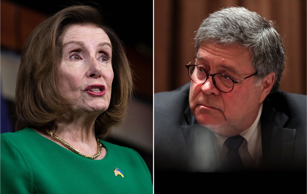 (The New York Times) U.S. House Speaker Nancy Pelosi, left, and former U.S. Attorney General William Barr.