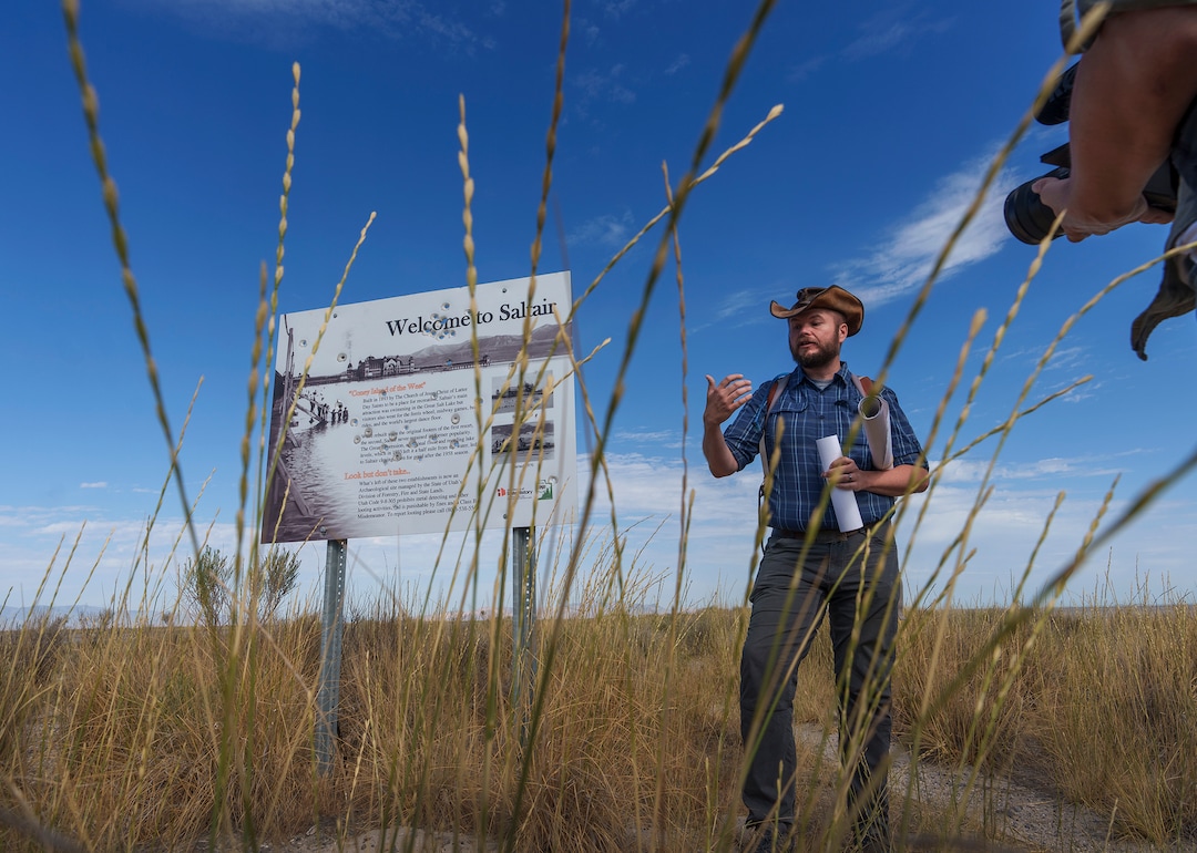 (Leah Hogsten | The Salt Lake Tribune) Christopher Merritt, a state historic preservation officer, talks about the historic, storied past of Saltair I and II at their former location on the Great Salt Lake, Thursday, July 21, 2022. 