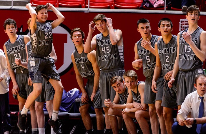 (Trent Nelson | The Salt Lake Tribune)  Box Elder vs. Corner Canyon, 5A State high school basketball tournament at the Huntsman Center in Salt Lake City, Wednesday Feb. 28, 2018. Corner Canyon players celebrate a 27-14 lead at the end of the first half.