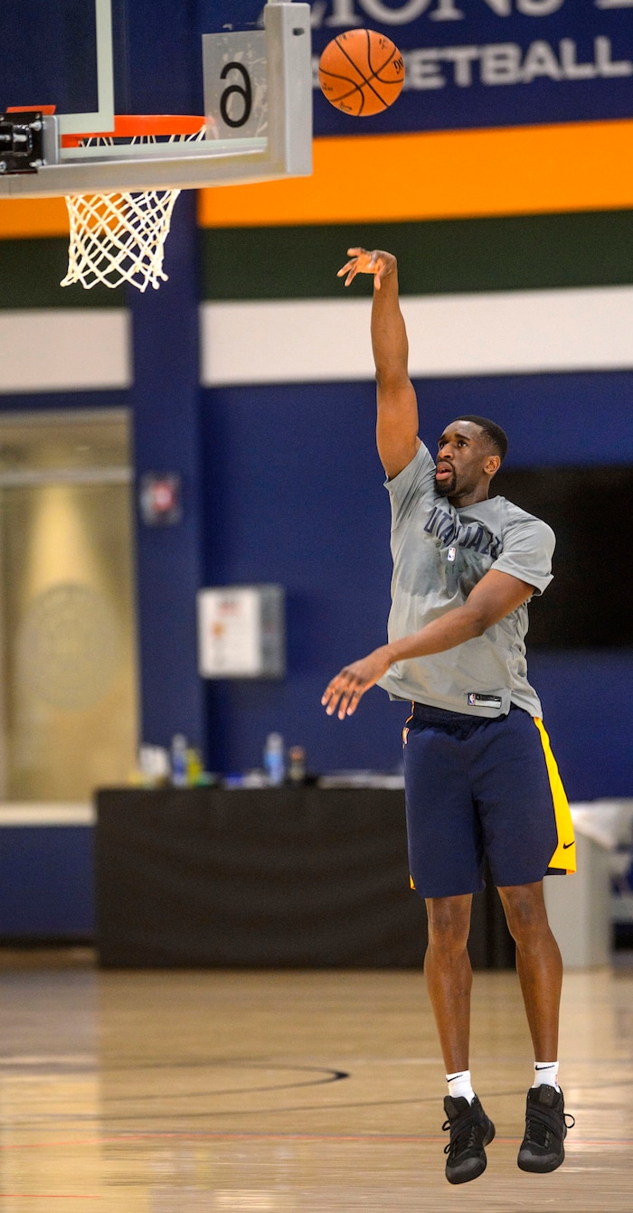 (Steve Griffin  |  The Salt Lake Tribune)  Utah Jazz center Ekpe Udoh (33) works on his shot during the Utah Jazz practice at the Zions Bank Basketball Campus in Salt Lake City Friday April 13, 2018.