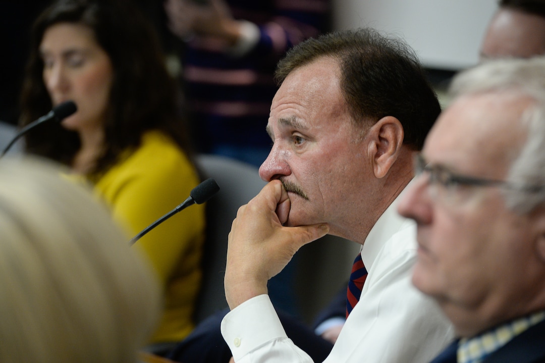 (Francisco Kjolseth  |  The Salt Lake Tribune) Salt Lake County Council Chair Max Burdick, center, listens to mayors from Herriman, Riverton and Bluffdale speak to the council on Tuesday, Jan. 28, 2020, to express their opposition to Olympia Hills, a high-density development proposed outside of Herriman.