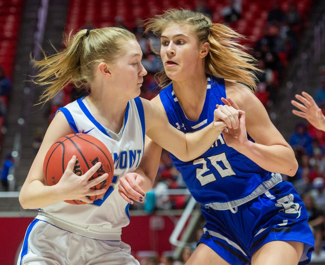 (Rick Egan  |  The Salt Lake Tribune)   Fremont Sliverwolves Mia Austin (5) tries to get past Bingham Miners Sierra Lichtie (20) in the 6A championship game, between the Fremont Sliverwolves and the Bingham Miners, at the Jon M. Huntsman Center, Saturday Feb. 29, 2020
