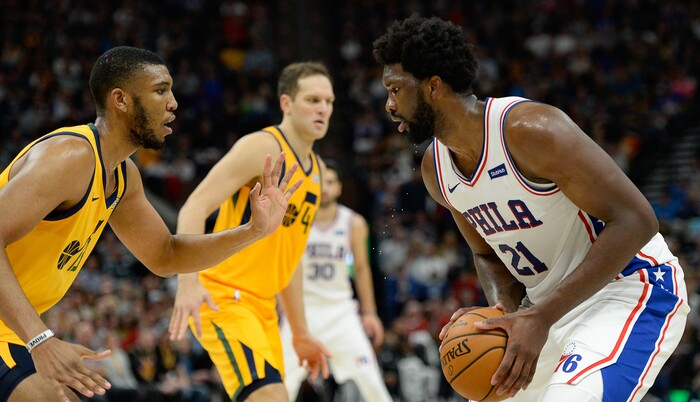 (Francisco Kjolseth  |  The Salt Lake Tribune) sweat pours from the beard of Philadelphia 76ers center Joel Embiid (21) as the Utah Jazz host the Philadelphia 76ers in their NBA basketball game at Vivint Smart Home Arena in Salt Lake City on Wednesday, Nov. 6, 2019.