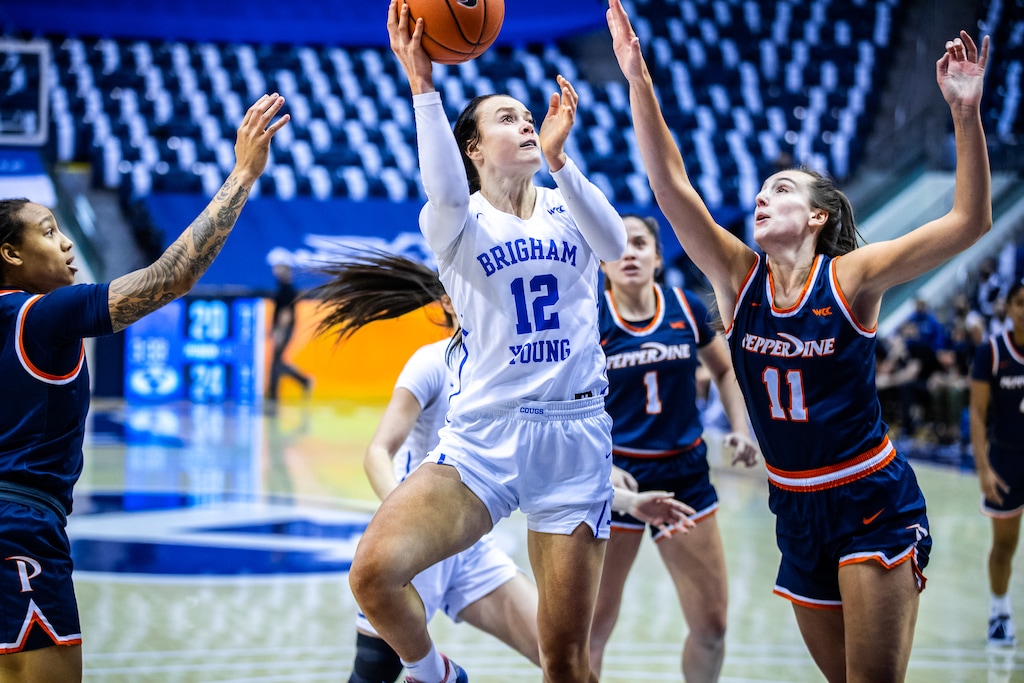(Photo courtesy of Madeline Mortensen | BYU Athletics)  BYU forward Lauren Gustin put up her eighth double-double against Pepperdine on Feb. 4, scoring 27 points and bring down 20 rebounds.