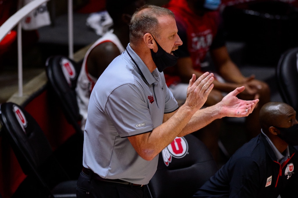 (Trent Nelson  |  The Salt Lake Tribune) Larry Krystkowiak as Utah hosts Colorado, NCAA basketball in Salt Lake City on Monday, Jan. 11, 2021.
