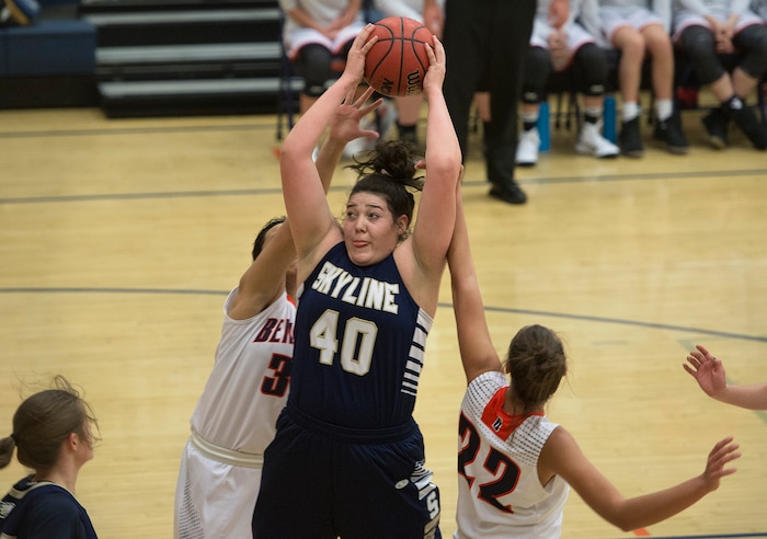 (Scott Sommerdorf   |  The Salt Lake Tribune)   Skyline's Cameron Mooney drives during first half play. Skyline defeated Brighton 66-33, Friday, January 5, 2018.