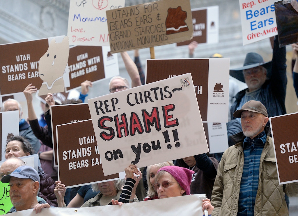(Al Hartmann  |  The Salt Lake Tribune) 	
Utah tribal leaders and conservation community groups gathered at the Utah Capitol rotunda Tuesday Jan. 9 speaking out in opposition to H.R.4532 and its impact on Bears Ears National Monument.

At the same time in Washington D.C. the House Natural Resources Committee held a legislative hearing on Rep. John Curtis’ H.R. 4532 “Shash Jaa National Monument and Indian Creek National Monument Act.” 
The bill would not only codify President Trump’s illegal evisceration of Bears Ears National Monument but also delegate management of the monument to local officials and tribal representatives hand-picked by the Utah delegation, foregoing input from Tribal governments. Management plans laid out in the bill exclude three of the five tribes that advocated for Bears Ears protection.