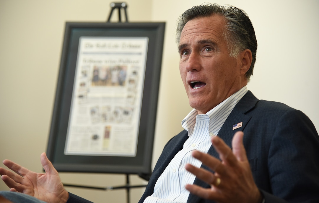 (Francisco Kjolseth | The Salt Lake Tribune) Sen. Mitt Romney speaks with the editorial board of The Salt Lake Tribune on Wednesday, Aug. 21, 2019.