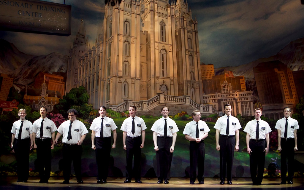 (Sara Krulwich | The New York Times) Members of "The Book of Mormon” cast during a show in New York, May 5, 2011. The taboo-busting, gasp-inducing Broadway musical comedy has been a hit with audiences and critics. But could it be produced today? 