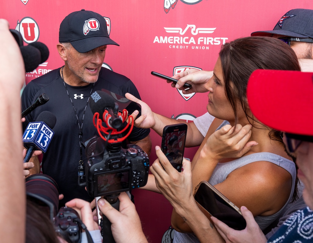 (Rick Egan | The Salt Lake Tribune) University of Utah head coach Kyle Whittingham talks to the media after practice, on Monday, July 31, 2023.