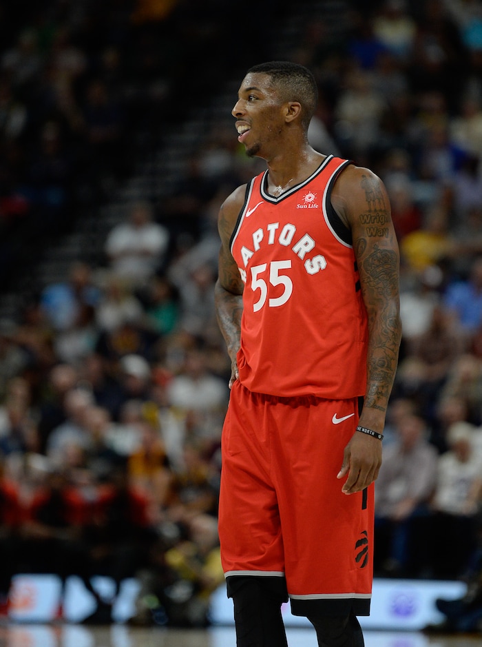 (Francisco Kjolseth  |  The Salt Lake Tribune)  Former University of Utah star Toronto Raptors guard Delon Wright (55) in the first half of the preseason NBA game at Vivint Smart Home Arena Tuesday, Oct. 2, 2018, in Salt Lake City against the Jazz.
