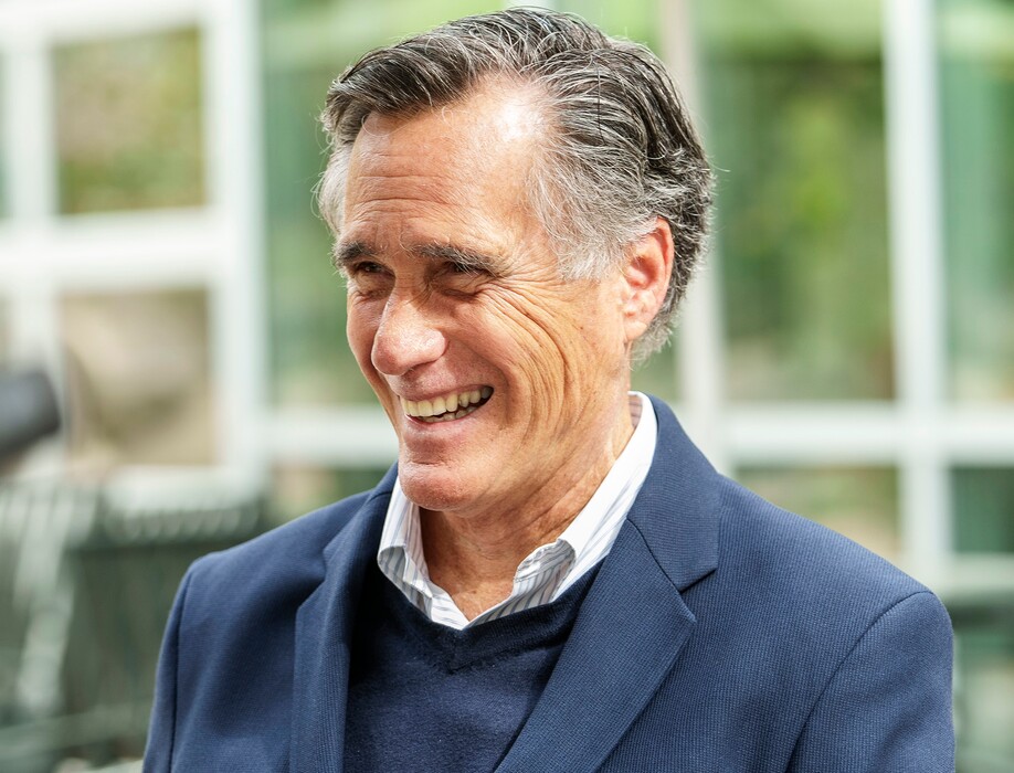 (Leah Hogsten | The Salt Lake Tribune) Utah Sen. Mitt Romney talks with reporters during a visit to the Jordan Valley Water Conservancy District's Education Center, May 5, 2023. Romney reported more than $1 million in contributions to his campaign for the three months between April and June.