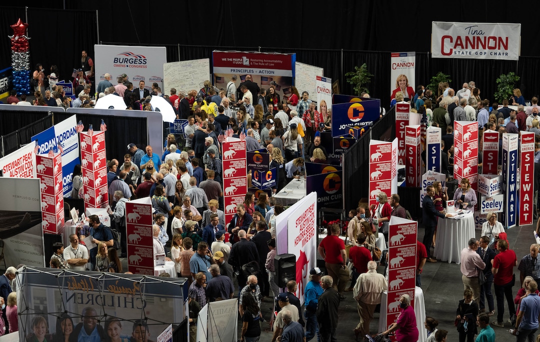 (Francisco Kjolseth | The Salt Lake Tribune) Delegates attend the Utah Republican Party’s 2021 Organizing Convention at the Maverik Center in West Valley City on Saturday, May 1, 2021, as they return to an in-person format after the pandemic forced the nominating convention to go online last year.