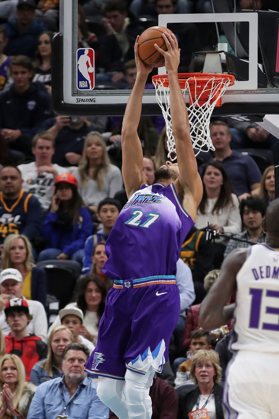 Utah Jazz center Rudy Gobert (27) dunks the basketball during the first quarter of an NBA basketball game against the Sacramento Kings, Saturday, Oct. 26, 2019, in Salt Lake City. (AP Photo/Chris Nicoll)