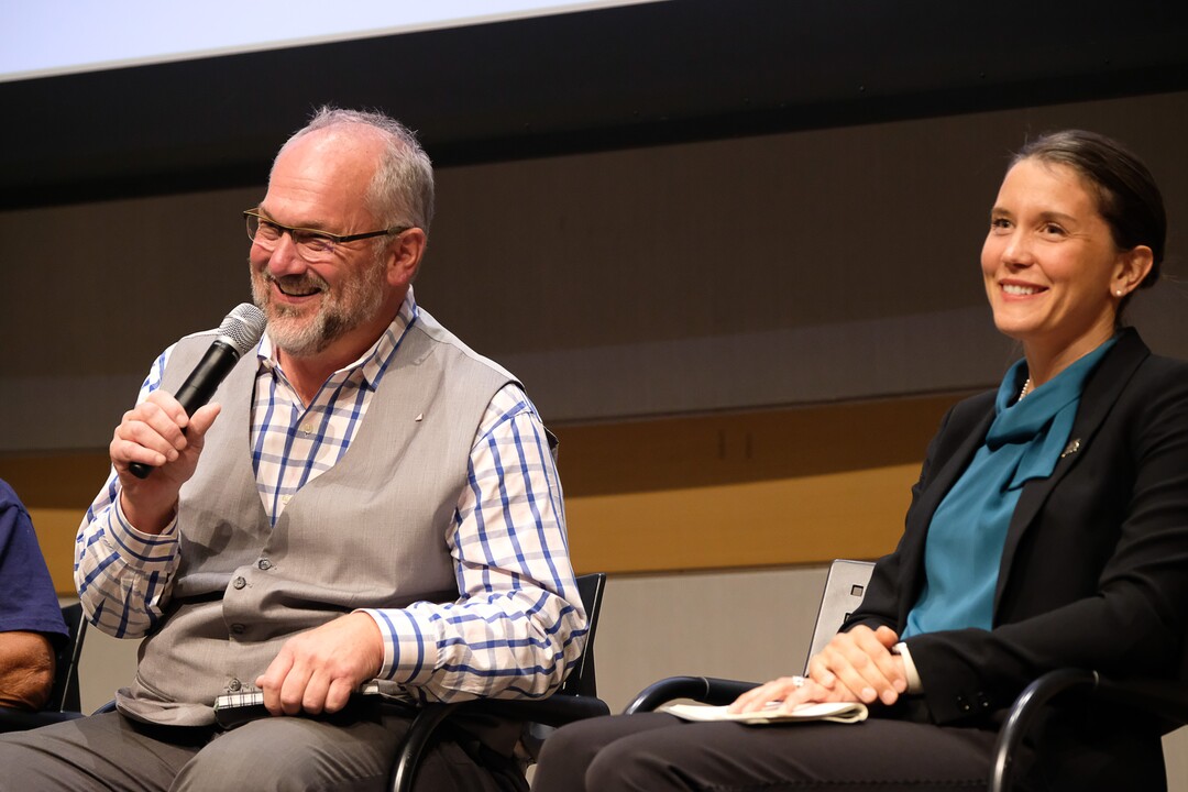 (Francisco Kjolseth  |  The Salt Lake Tribune)  Stan Penfold addresses the crowd alongside Erin Mendenhall during a debate for Salt Lake City mayor at the Salt Lake City Library on Wed. June 26, 2019.