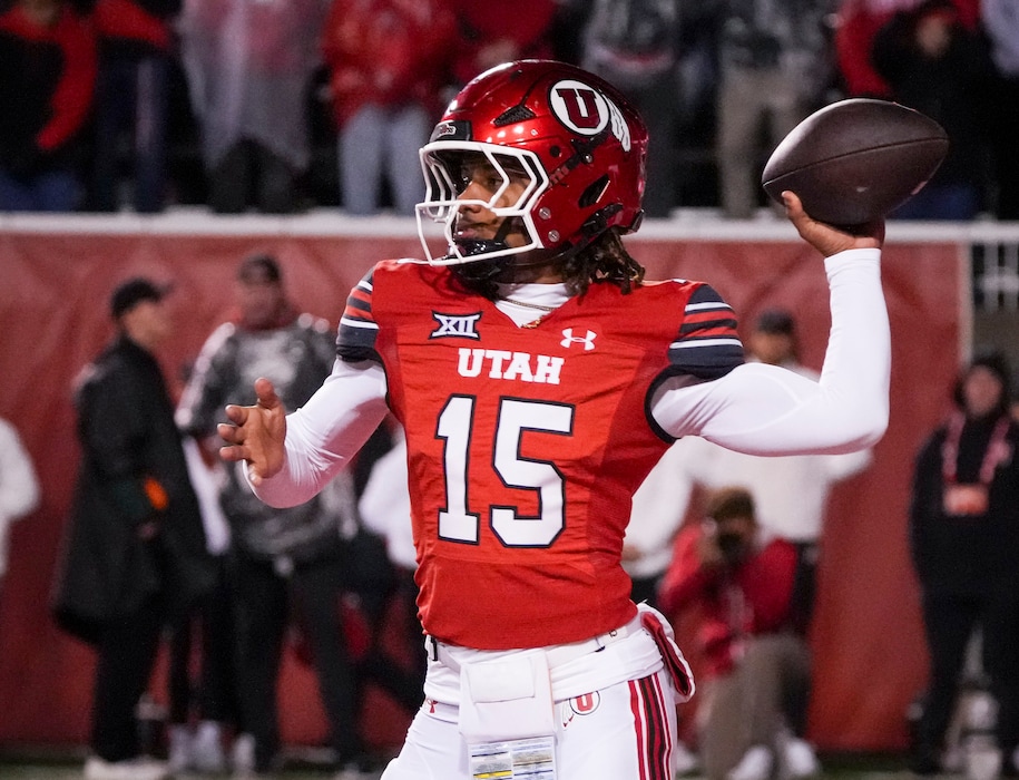 (Bethany Baker | The Salt Lake Tribune) Utah Utes quarterback Byrd Ficklin (15) passes the ball during the game between the Utah Utes and the Arizona State Sun Devils at The University of Utah in Salt Lake City on Saturday, Oct. 11, 2025.
