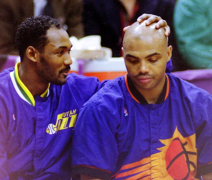 (Steve Griffin  | Tribune File Photo)  Karl Malone jokes with Charles Barkley, in the 1993 All Star Game at the Delta Center in Salt Lake City, Sunday, Feb. 21, 1993.