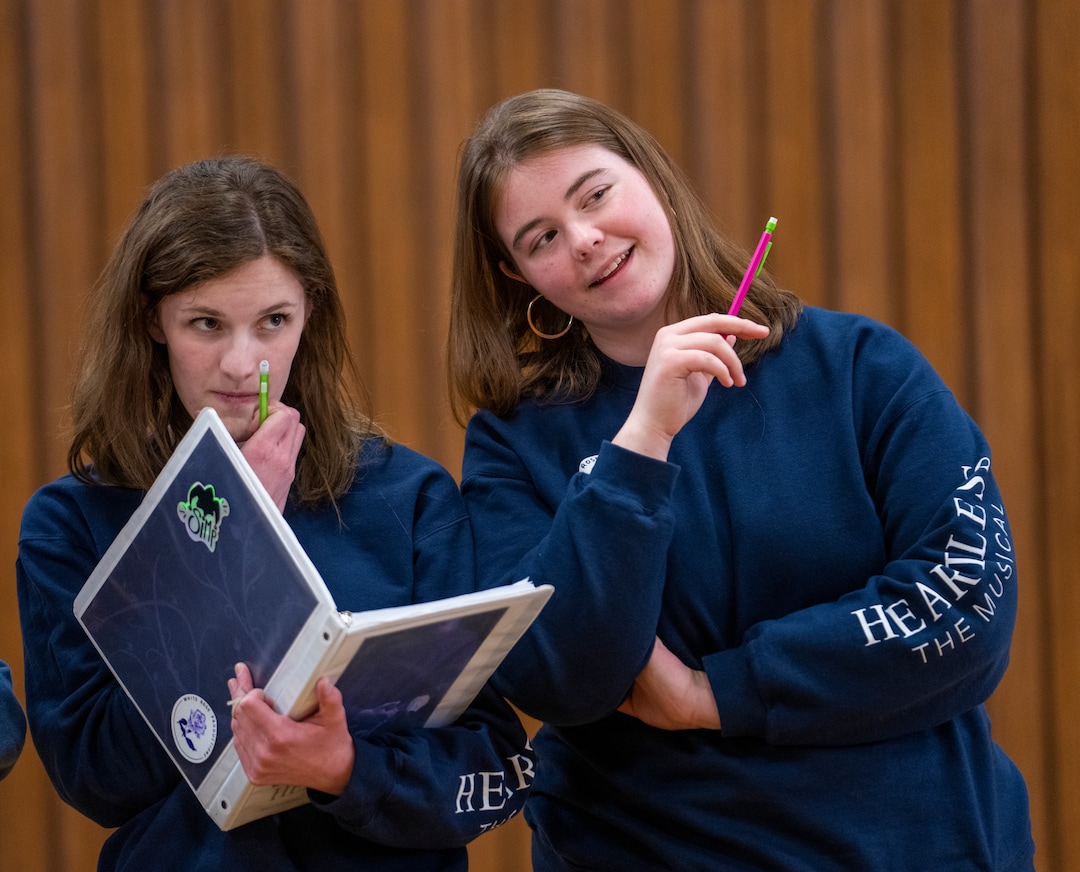 (Rick Egan | The Salt Lake Tribune)  Olympus high school students Heidi Thomas, writer and co-director, and Musical director Ivy Robbins, comment during a rehearsal for a musical based on the young adult fantasy book, "Heartless," on Friday, April 1, 2022.