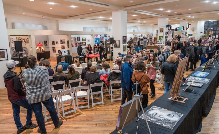 (Michael Mangum  |  Special to the Tribune) Patrons take in the scene at an art exhibition called Connect while votes are tallied for an art competition at the Urban Arts Gallery in Salt Lake City, UT on Friday, November 8th, 2019.