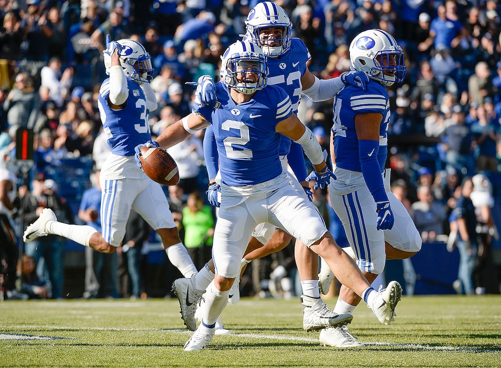 BYU defensive back Austin Lee (2) celebrates his 26-yard interception for a touchdown against Idaho State during an NCAA college football game, Saturday, Nov. 16, 2019, at LaVell Edwards Stadium, in Provo, Utah. (Leah Hogsten/The Salt Lake Tribune via AP)
