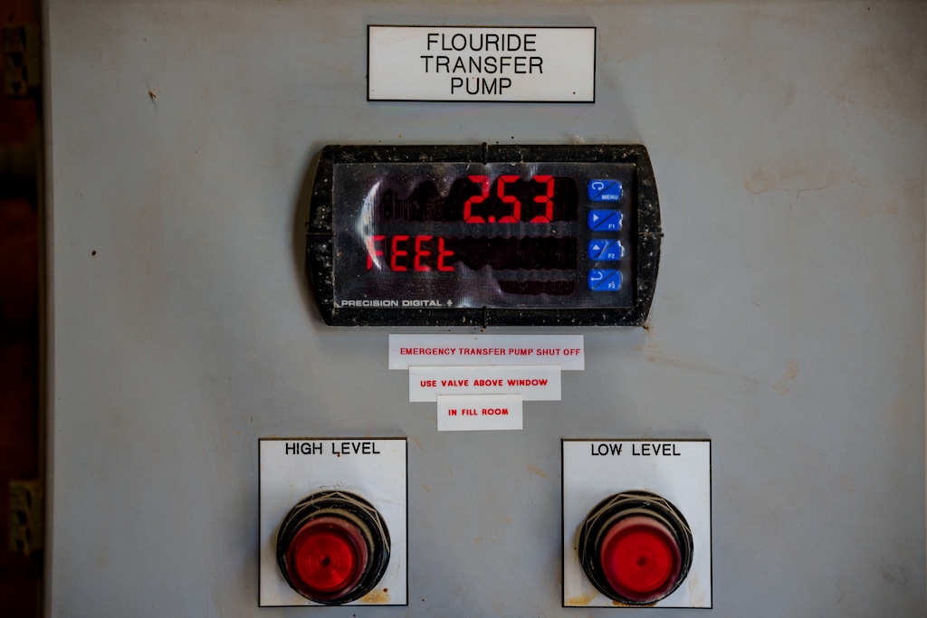 (Trent Nelson  |  The Salt Lake Tribune) The fluoride station at  the Big Cottonwood Water Treatment Facility on Monday, April 21, 2025.