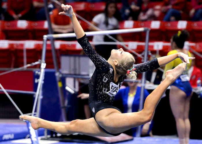 (Leah Hogsten  |  The Salt Lake Tribune)   MaKenna Merrell-Giles scored a 9.95 on her floor routine.  The fourth-ranked Utes compete against No. 9 California, No. 16 Auburn, No. 21 Brigham Young, Stanford and Southern Utah, during the the NCAA Regional Championships, Saturday, April 7, 2018 at the Huntsman Center. The top two teams advance to the NCAA Championships April 20-21 in St. Louis.Saturday, April 7, 2018, 