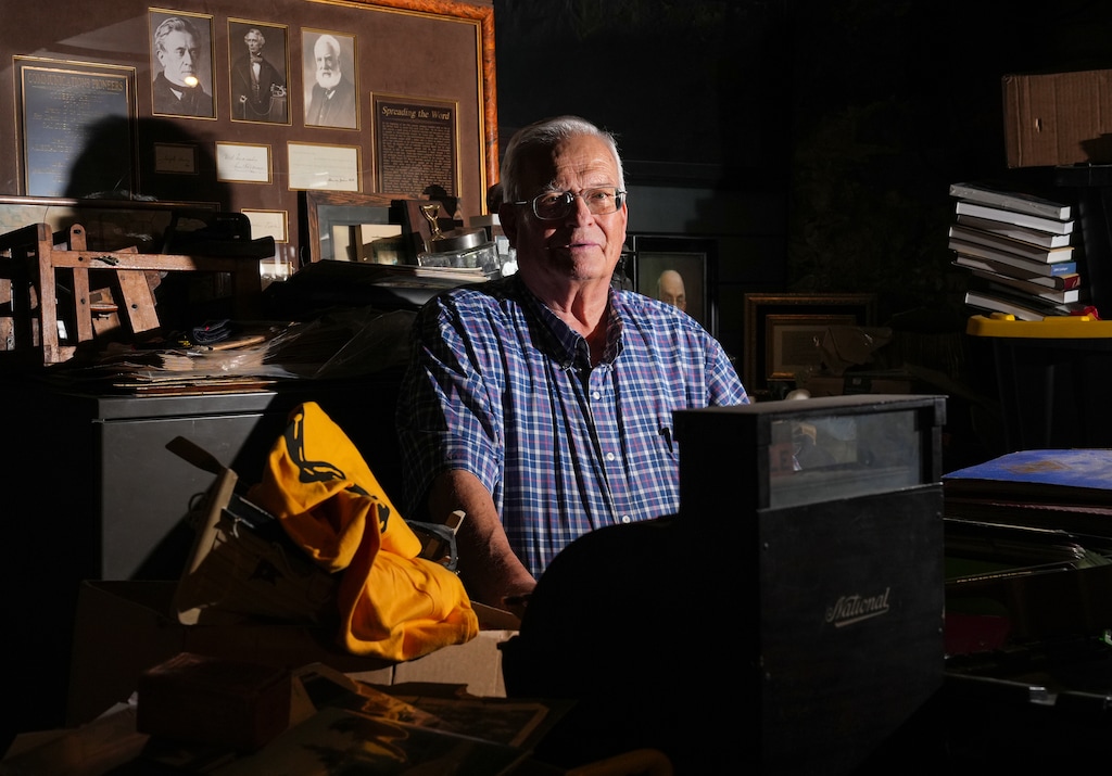 (Chris Samuels | The Salt Lake Tribune) Brent Ashworth in his office of antiquities in Provo. He has been collecting historical artifacts more than than half a century.