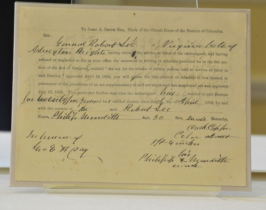 (Marvin Joseph | The Washington Post) This is a petition that was used to free slaves in Washington, D.C. In 2012, in commemoration of the 150th Anniversary of the D.C. Emancipation Act, the National Archives shared rarely seen original records pertaining to the Act, including petitions from slaves.