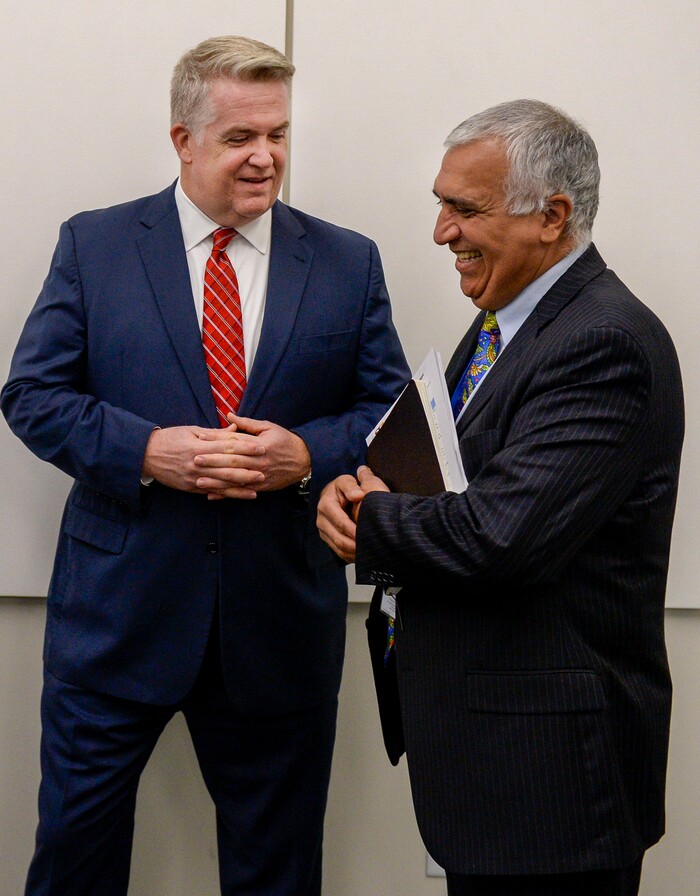 (Leah Hogsten | The Salt Lake Tribune) U.S. Attorney John Huber and Salt Lake County District Attorney Sim Gill chat briefly prior to their joint FBI Child Exploitation Task Force press conference to warn Utahns of the "hypersexualized virtual world" and to report the task force findings in the fight to prevent children from being lured by internet predators and raped, kidnapped or murdered, Nov. 19, 2019. The multi-agency representatives reported that the task force netted 30 perpetrators in just four days in one month and called attention to the need for parents to police their children's online presence. "We expect you to step up and protect your children," said Gill.