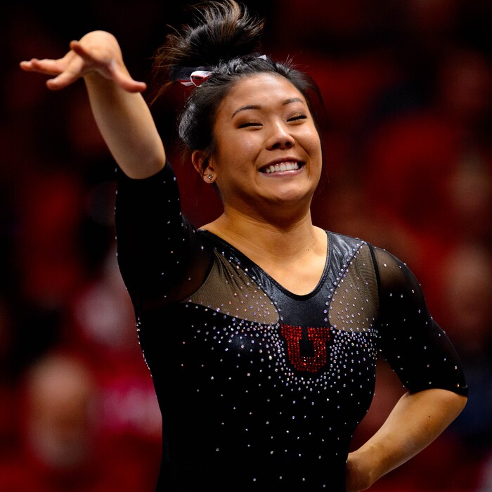 (Trent Nelson  |  The Salt Lake Tribune) Cristal Isa on the floor as the University of Utah hosts Arizona State, NCAA gymnastics in Salt Lake City on Friday, Jan. 24, 2020.
