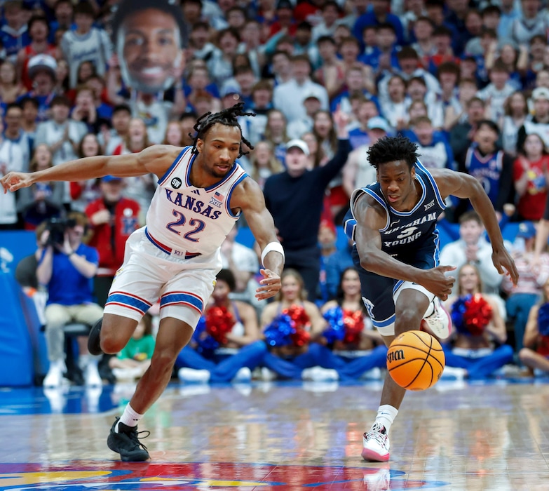 (Colin E. Braley | AP) In college, Kansas guard Darryn Peterson (22) and BYU forward AJ Dybantsa (3) faced off once. The Nos. 1 and 2 picks in this year's draft will face off this week in the Las Vegas Summer League.