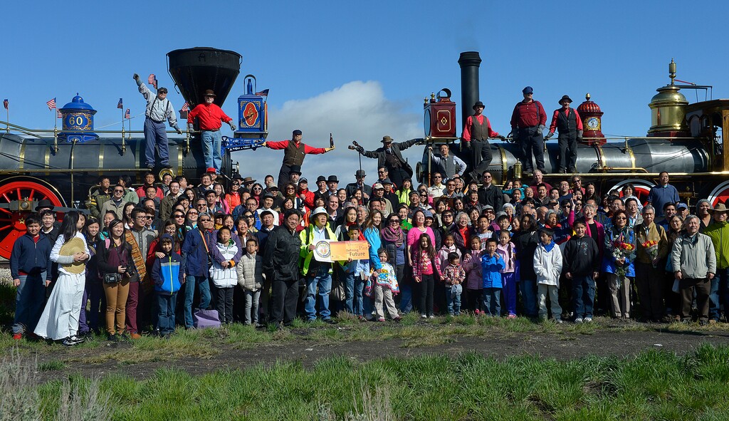 Scott Sommerdorf | The Salt Lake Tribune
The Chinese community honored Chinese immigrants who built the railroad from the west by posing more than three busloads of people into a photo at the Golden Spike National Monument on the 145th commemoration of the completion of the transcontinental railroad, Saturday, May 10, 2014.