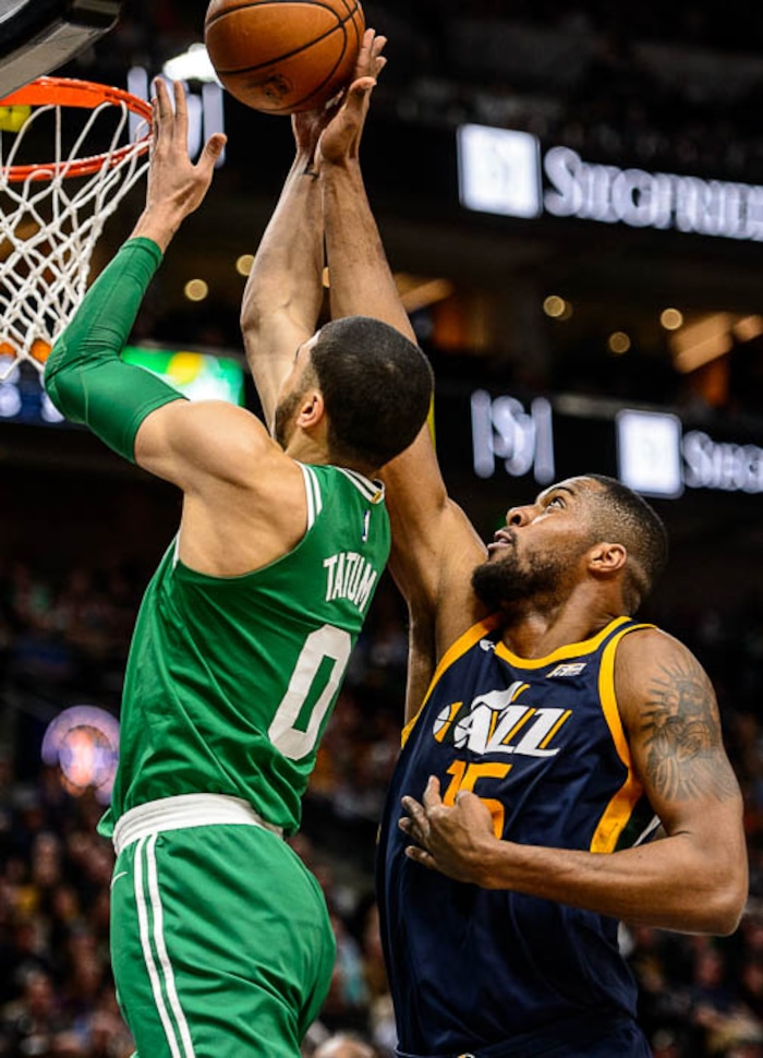 (Trent Nelson | The Salt Lake Tribune)  
Utah Jazz vs. Boston Celtics, NBA basketball in Salt Lake City, Wednesday March 28, 2018. Utah Jazz forward Derrick Favors (15) defending Boston Celtics forward Jayson Tatum (0).