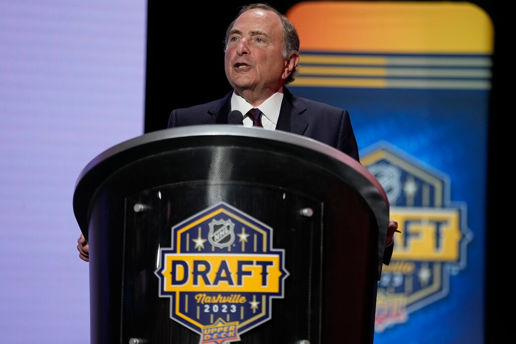 (George Walker IV | AP) NHL commissioner Gary Bettman delivers remarks during the first round of the NHL hockey draft on June 28, 2023, in Nashville, Tenn. 