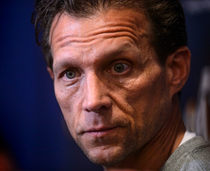 (Steve Griffin  |  The Salt Lake Tribune)  Utah Jazz head coach Quin Snyder talks with the media following the Utah Jazz practice at the Zions Bank Basketball Campus in Salt Lake City Friday April 13, 2018.
