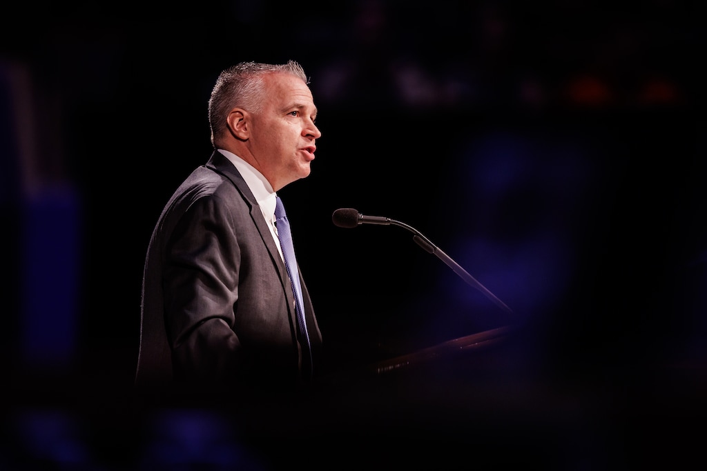 (Abby Shelton | BYU Photo)
BYU President C. Shane Reese speaks at a devotional in the Marriott Center on Tuesday, Jan. 13, 2026.