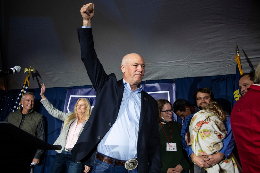(AP Photo/Tommy Martino)

Montana gubernatorial candidate and Republican U.S. Rep. Greg Gianforte raises his fist after the Montana gubernatorial race was called by The Associated Press in Bozeman, Mont., Tuesday, Nov. 3, 2020.
