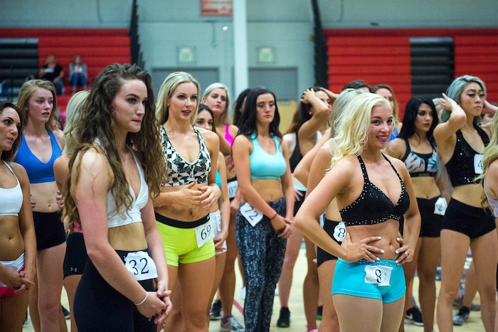 Chris Detrick | The Salt Lake Tribune
Women wait to audition at West High School Saturday, July 8, 2017. 125 women auditioned for sixteen spots on the America First Jazz Dancers team.