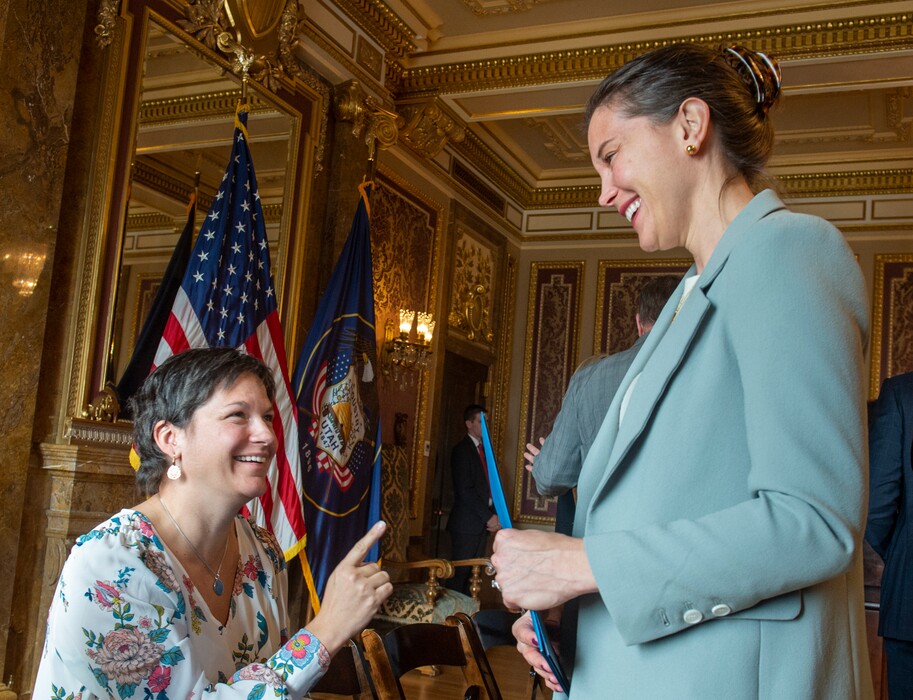 (Rick Egan  |  The Salt Lake Tribune file)       Olympic speedskater Catherine Raney Norman talks to Salt Lake City Mayor Erin Mendenhall, after a news conference announcing Utah's next steps towards an Olympic and Paralympic Winter Games, at the Utah State Capitol, Wednesday, Feb. 12, 2020. Raney Norman has been named chair of the Salt Lake City-Utah Committee for the Games.