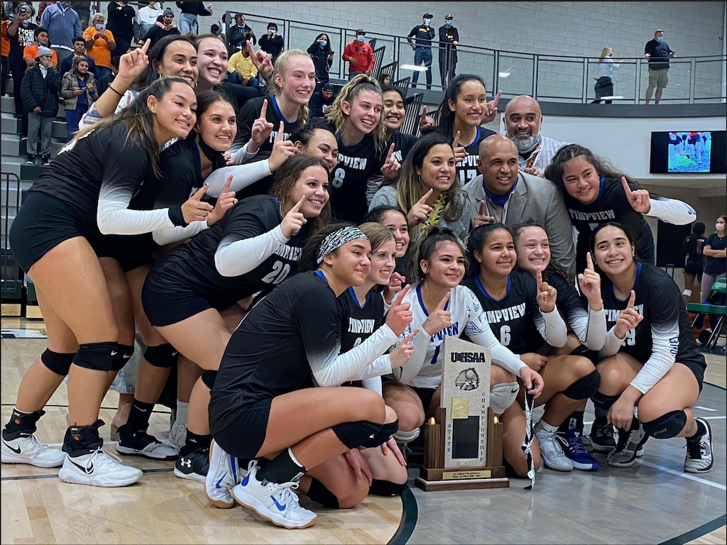 (Alex Vejar | The Salt Lake Tribune) Timpview celebrates after beating rival Mountain View for the 5A volleyball championship.
