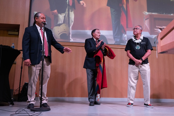 (Francisco Kjolseth | The Salt Lake Tribune) Dustin Jansen, director of the Utah Division of Indian Affairs, left, recognizes former Utah governor Gary Herbert, center, and Ken Sekaquaptewa, former program director for UVU Native American initiatives during the 15th Annual Governor’s Native American Summit held on the Utah Valley University campus on Friday, Aug. 6, 2021.