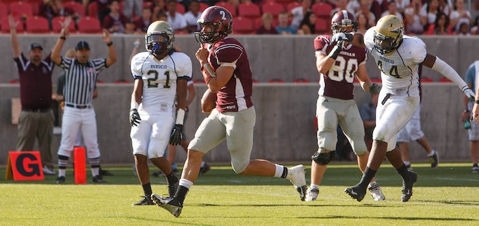 (Trent Nelson  |  The Salt Lake Tribune)  Jordan's Austin Kafentzis runs for a fourth quarter touchdown as Jordan High School faces St. John Bosco (CA) football Saturday September 29, 2012 in the Xfinity High School Football Challenge at Rio Tinto Stadium in Sandy, Utah.