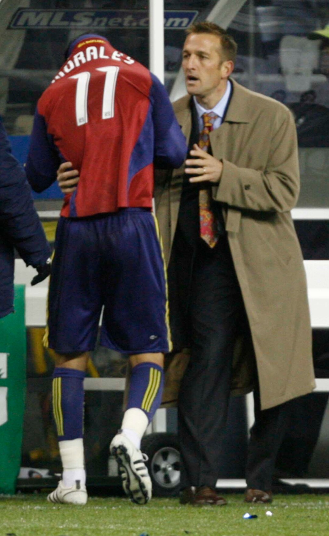 (Trent Nelson  |  Tribune file photo) Real Salt Lake midfielder Javier Morales (11) gets a word from coach Jason Kreis as he leaves the game apparently injured. Real Salt Lake played against L.A. Galaxy for the MLS Cup Sunday.  RSL won the cup 5-4 during the penalty round.
