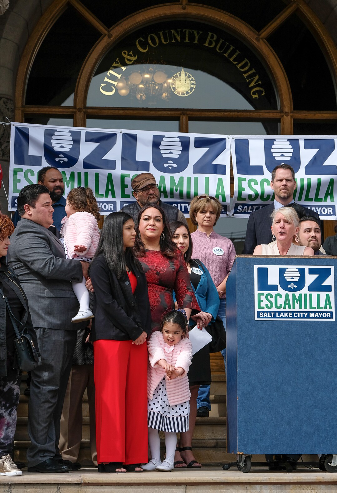 (Francisco Kjolseth  |  The Salt Lake Tribune)  Salt Lake City Sen. Luz Escamilla, center, launches her official campaign for city mayor from the steps of the Salt Lake City and County building on Tuesday, March 26, 2019. As the city grows and becomes more diverse, Escamilla says she would represent a number of overlooked communities, including the Latino population and the cityÕs west side. If elected, she would likely be the first ethnic minority mayor of Salt Lake City and would be only the third woman to hold the position.