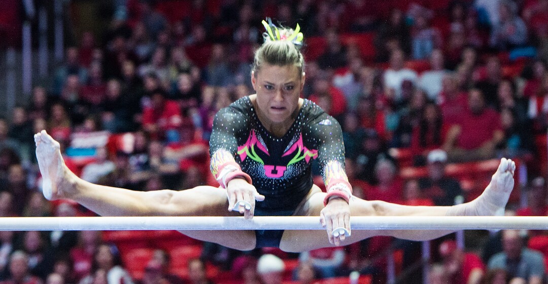 (Rick Egan  |  The Salt Lake Tribune)   Tiffany Lewis competes on the bars for Utah, in Gymnastics action Utah vs. Oregon State at the Jon M. Huntsman Center, Friday, January 19, 2018.