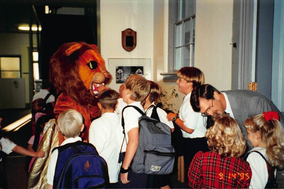 (Courtesy of Rowland Hall)  A visit from the school mascot, 1995.