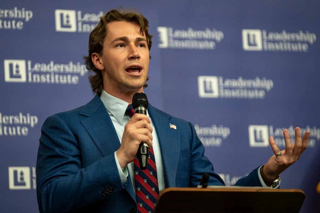 (Rick Egan | The Salt Lake Tribune) Kai Schwemmer says a few words at a Learning Event sponsored by Utah Republicans at the University of Utah on Friday, April 10, 2026.
