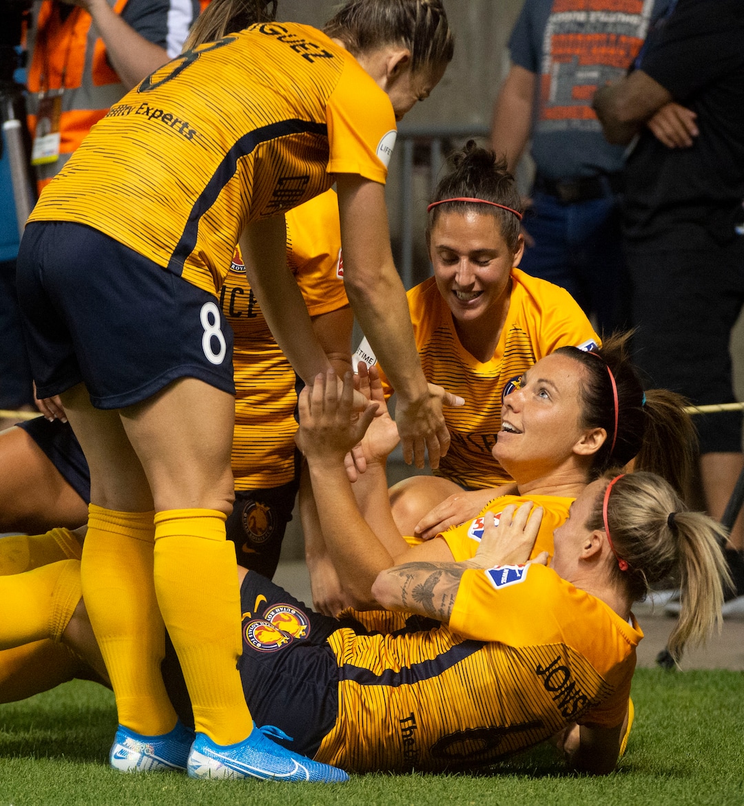 (Rick Egan  |  The Salt Lake Tribune)     Utah Royals celebrate Rachel Corsie (2) game tying goal, in Soccer action between Utah Royals FC and Portland Thorns FC, in Sandy, Friday, July 19, 2019.