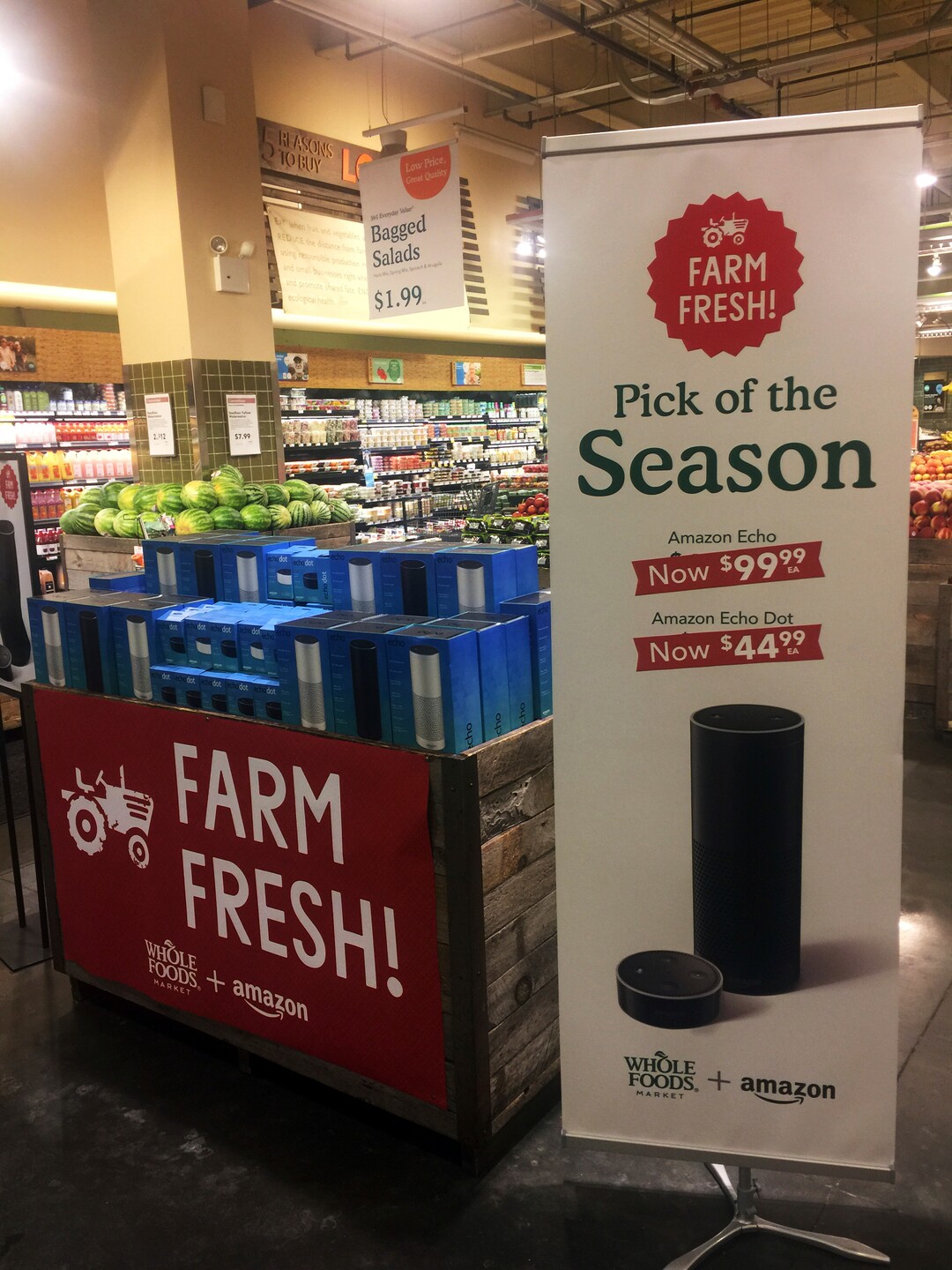 Amazon's Echo and Echo Dot appear on sale at a Whole Foods Market in New York, Monday, Aug. 28, 2017. Amazon has completed its $13.7 billion takeover of organic grocer Whole Foods, and the e-commerce giant is wasting no time putting its stamp on the company. Prices were lowered; Whole Foods brands will soon be on Amazon's site; and Amazon's Prime members could soon get discounts at Whole Foods. The deal could also spur changes in the wider grocery industry. (AP Photo/Candice Choi)